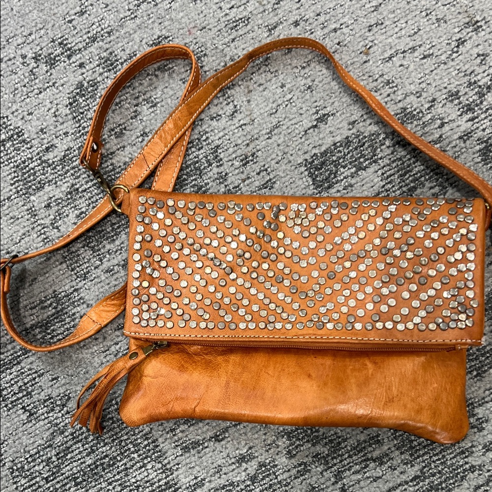 Studded Tan Leather Crossbody Bag made in Morrocco
